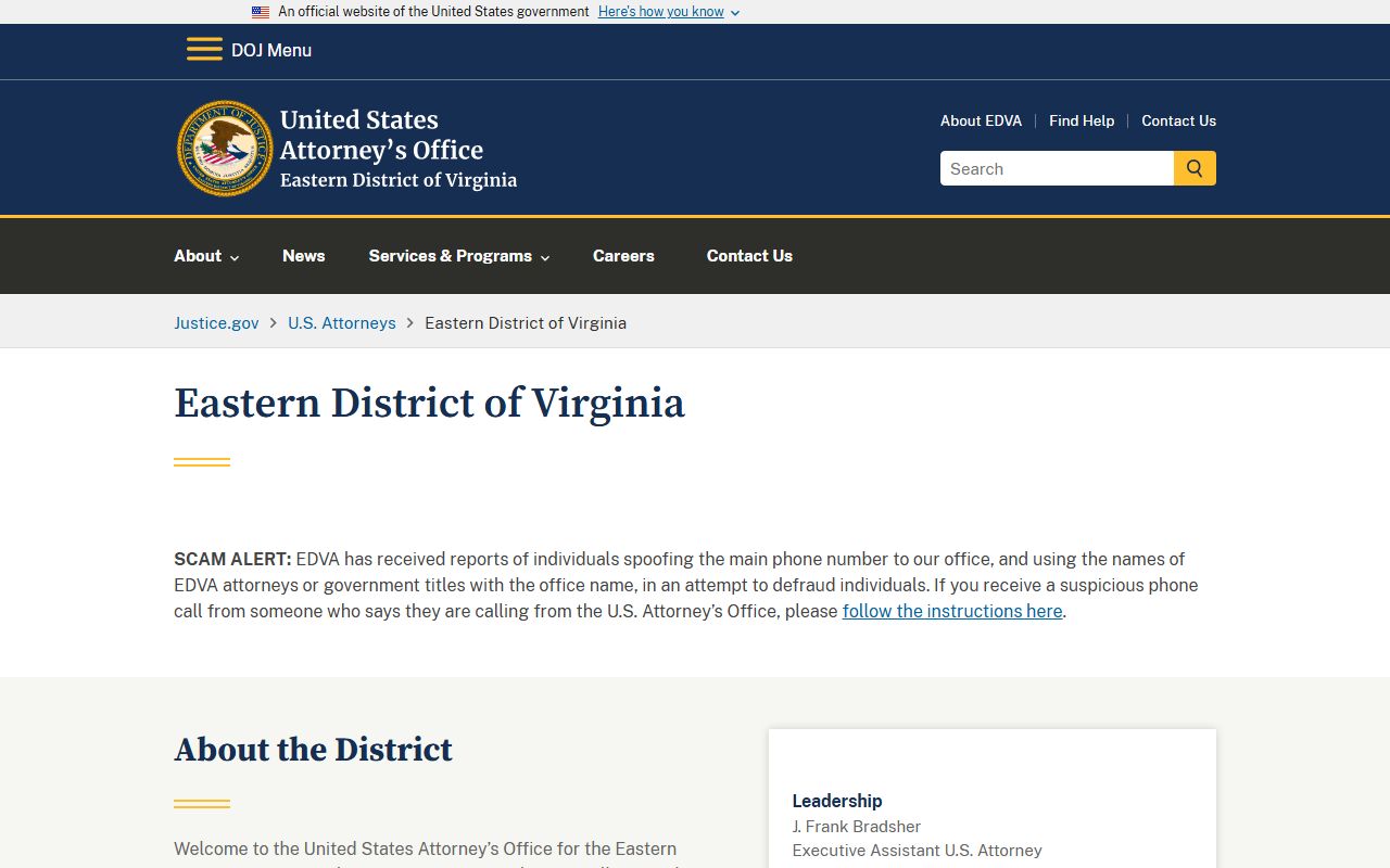 U.S. Attorney Eastern District of Virginia office tied to federal records for Chesterfield County