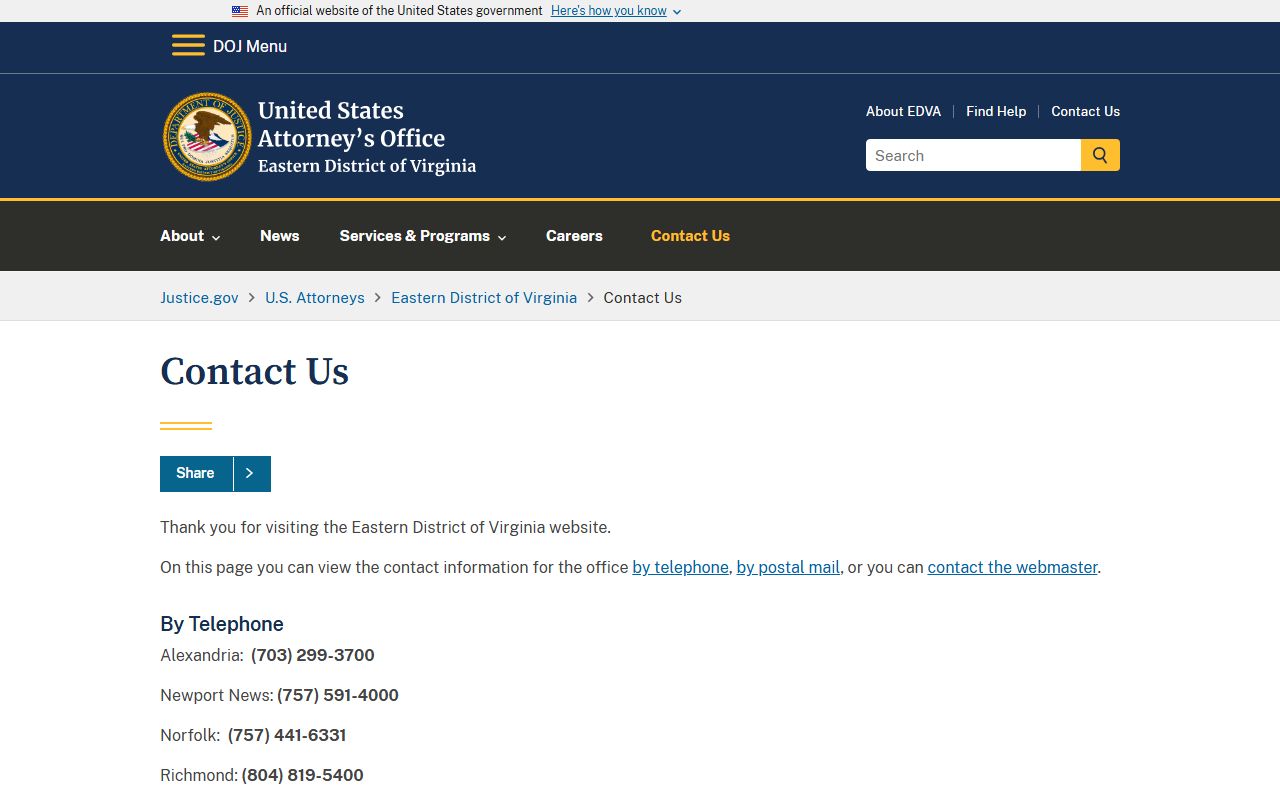 U.S. Attorney Eastern District of Virginia contact page for Chesterfield County federal matters