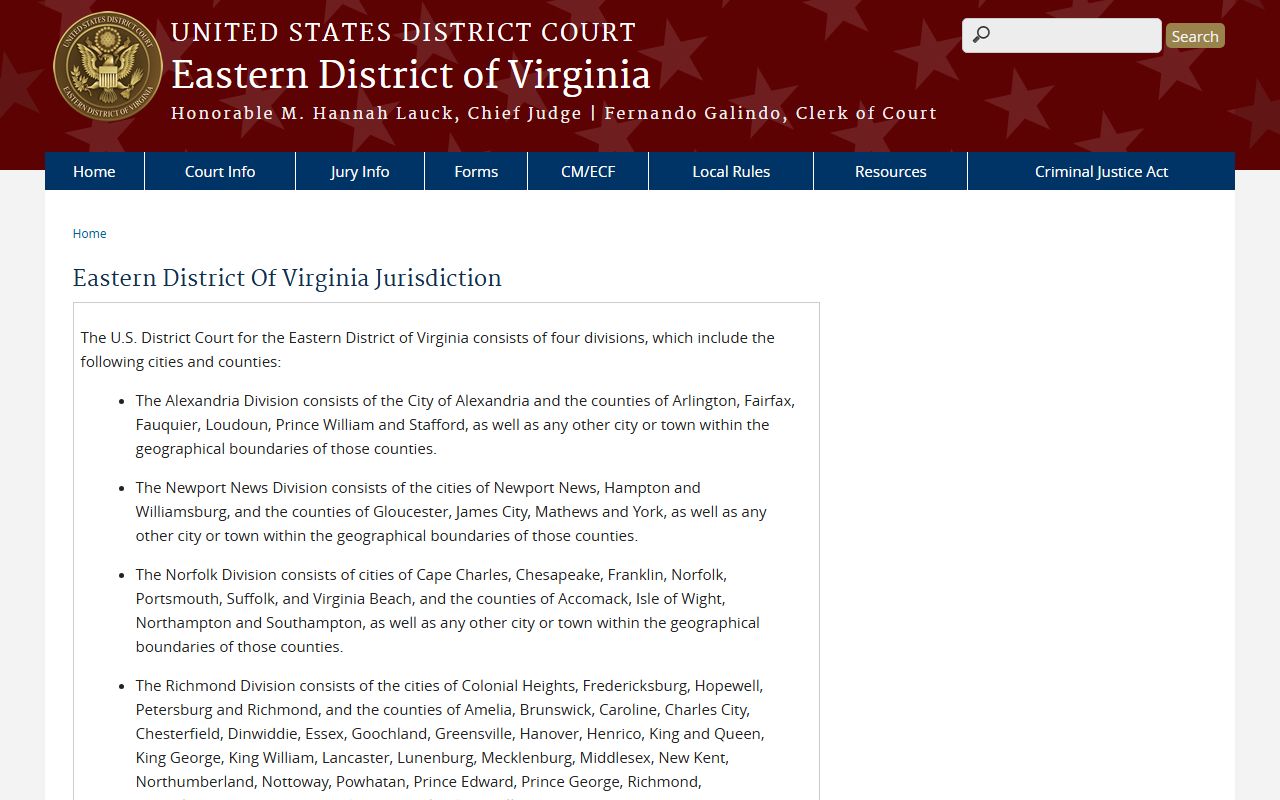 Eastern District of Virginia jurisdiction page covering Chesterfield County court dockets