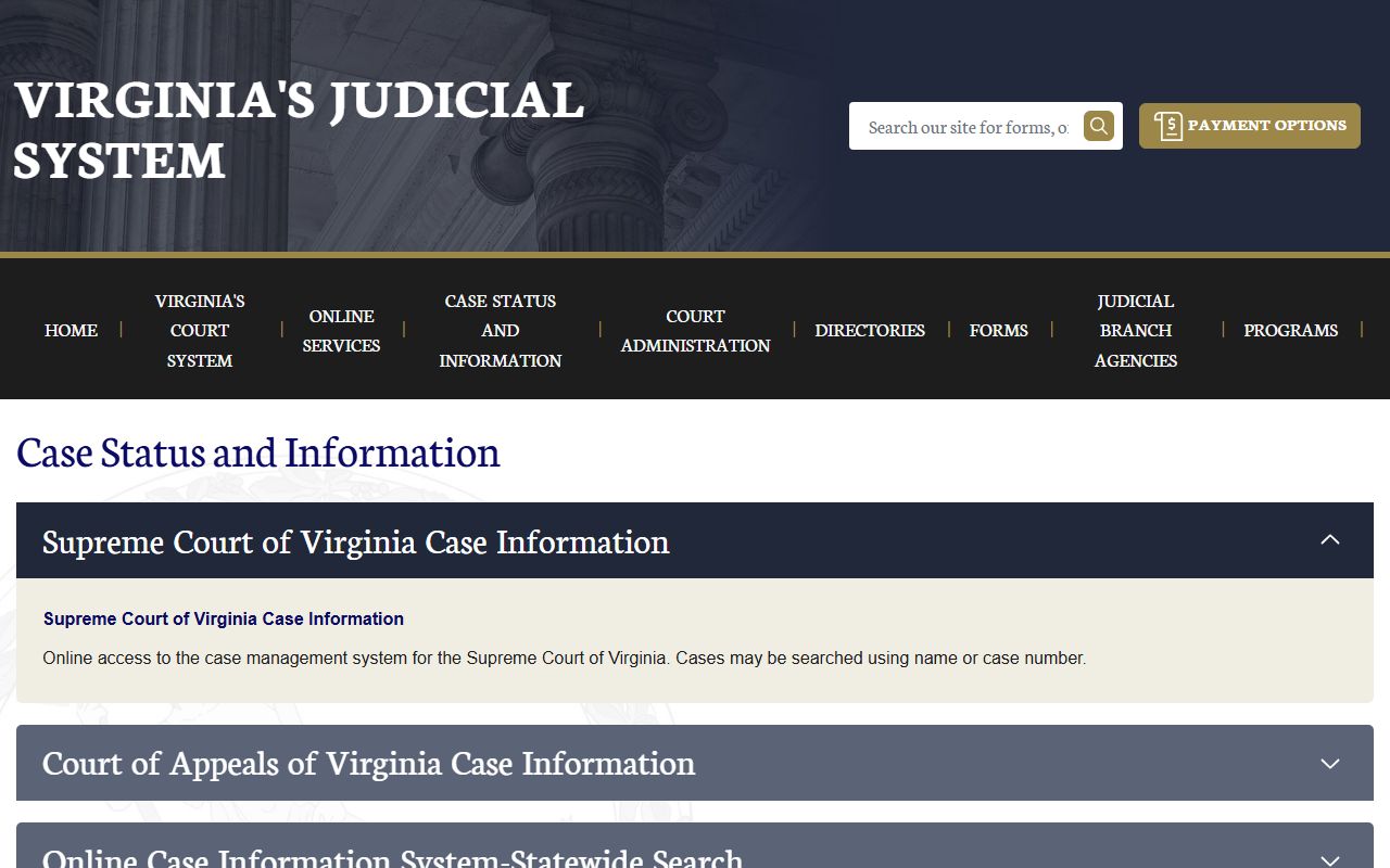 Virginia case status page for Chesterfield County court records search