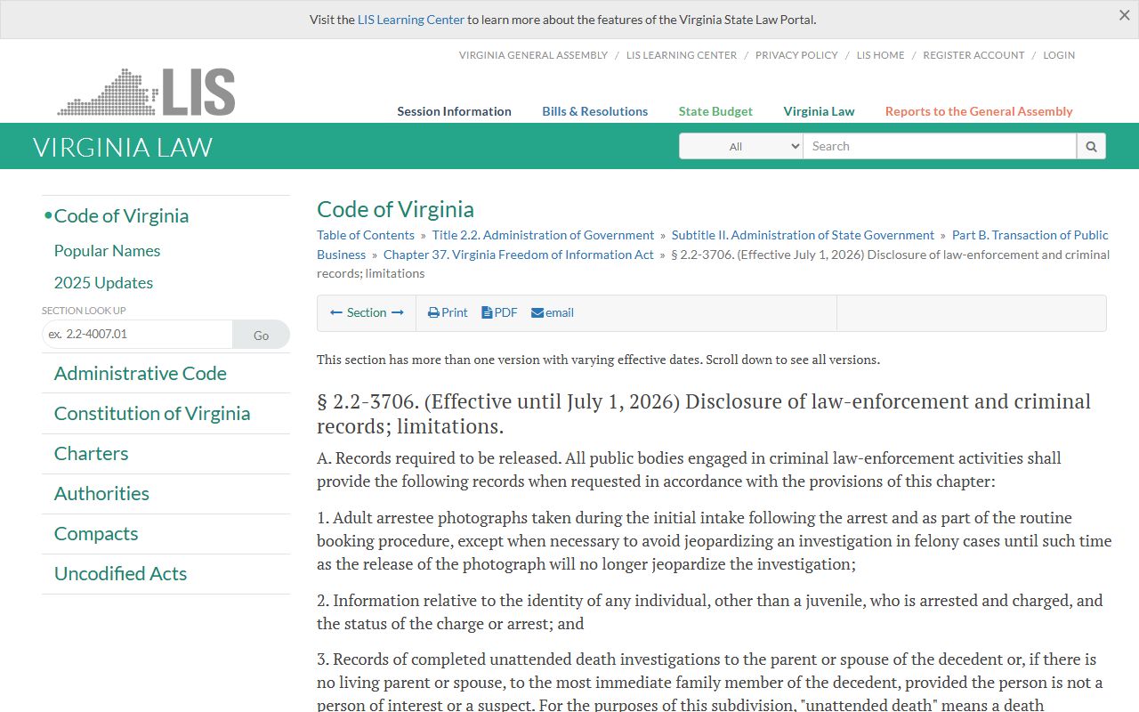 Virginia statute on criminal incident information for Chesterfield County arrest records