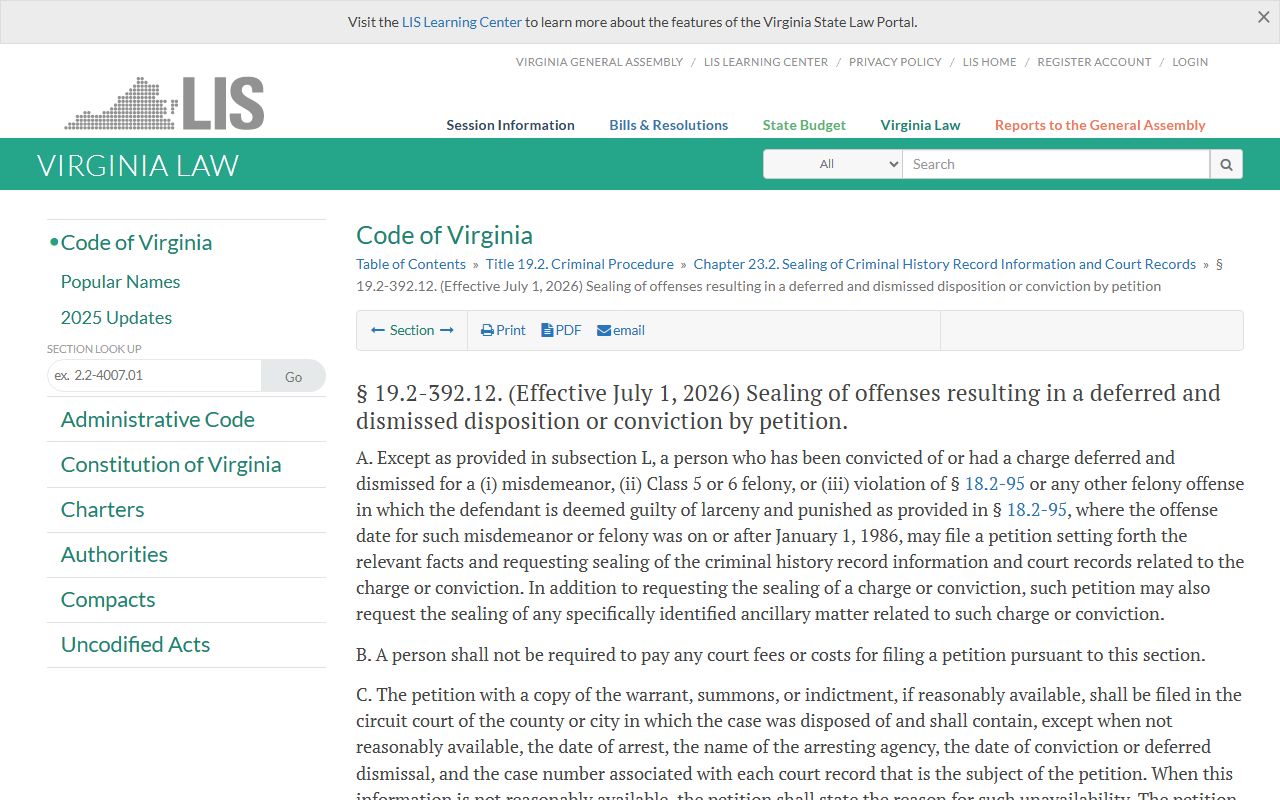 Virginia petition-based sealing provisions for Chesterfield County records