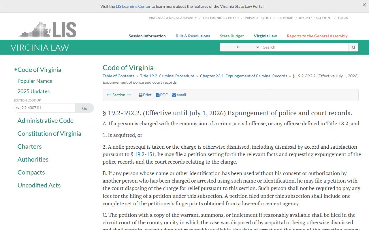 Virginia expungement statute for Chesterfield County arrest records