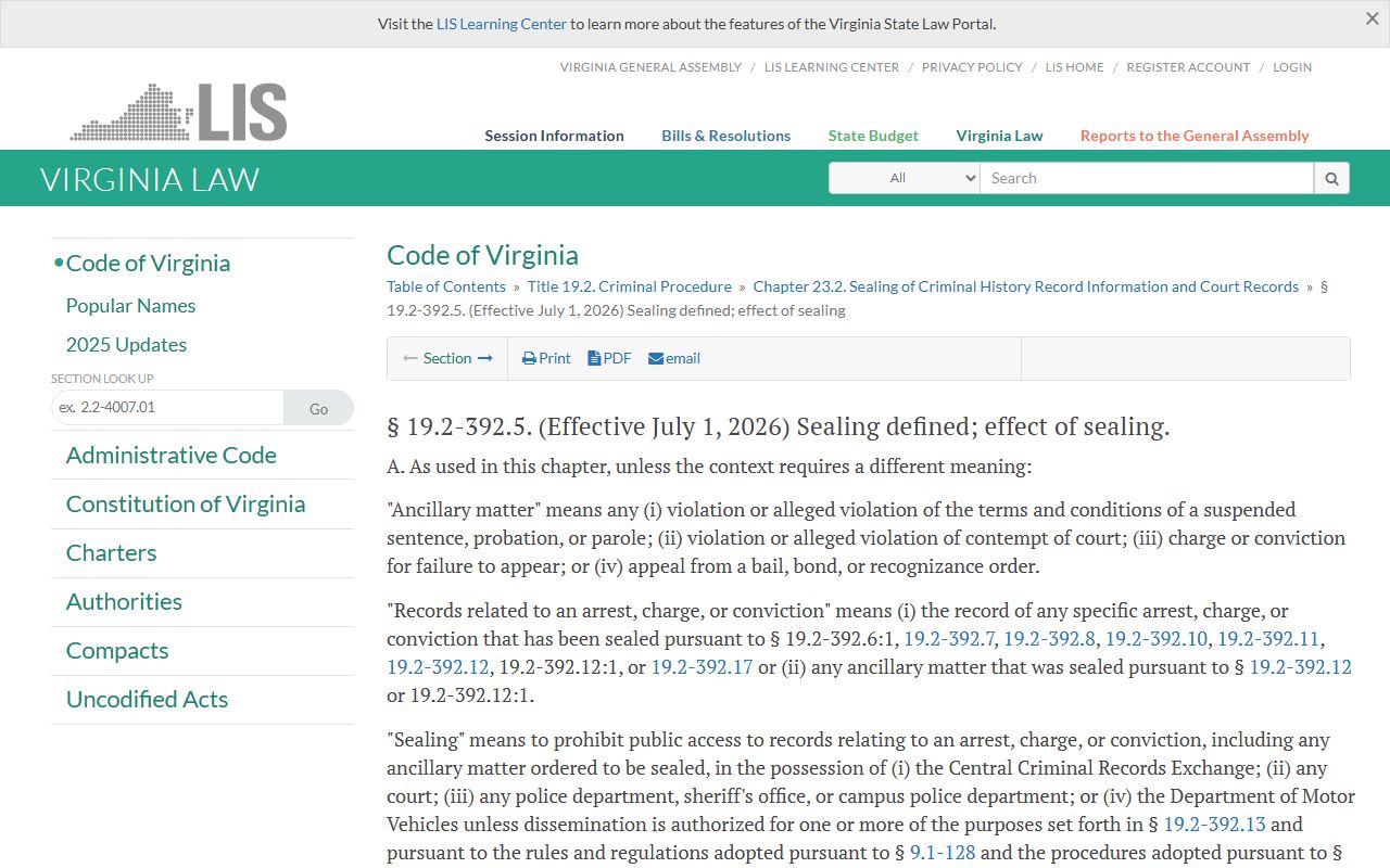 Virginia record sealing framework for Chesterfield County arrest records