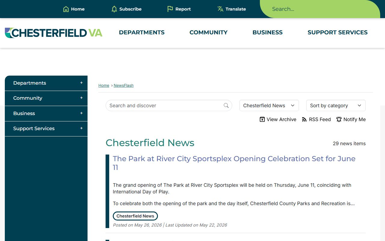 Chesterfield County news feed with court records and program updates