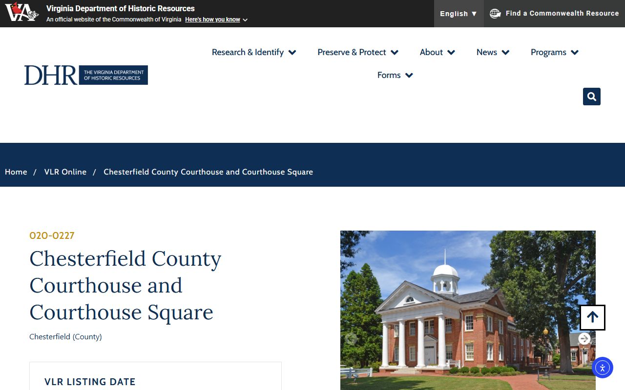 Virginia historic register entry for Chesterfield County courthouse records site