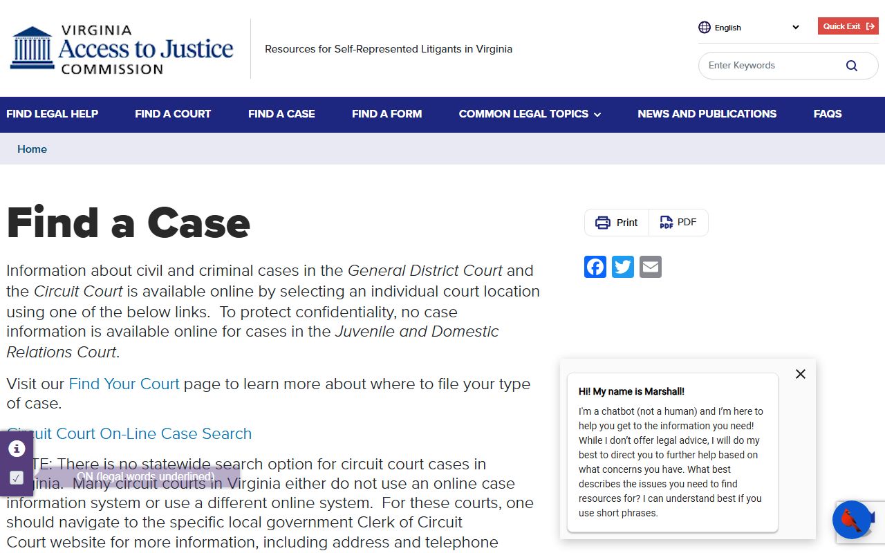 Virginia Find a Case page for Chesterfield County court records