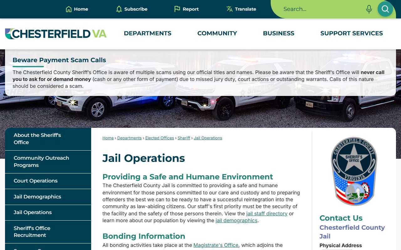 Chesterfield County jail operations page for inmate records