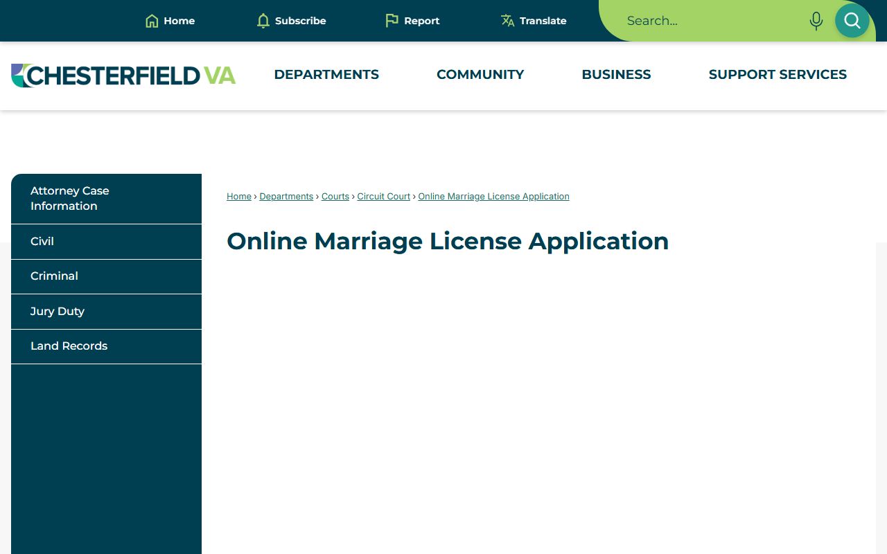 Chesterfield County online marriage license application page