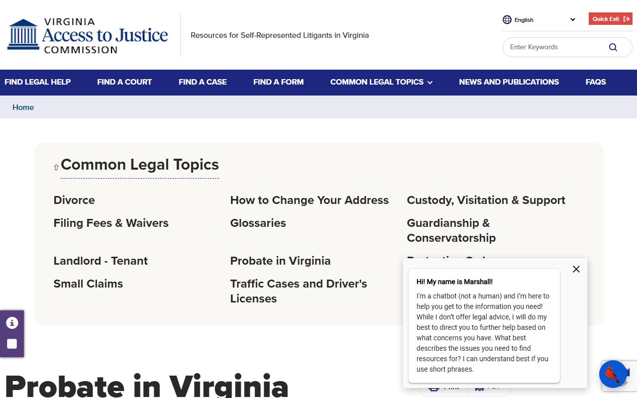 Virginia probate self-help page for Chesterfield County probate records