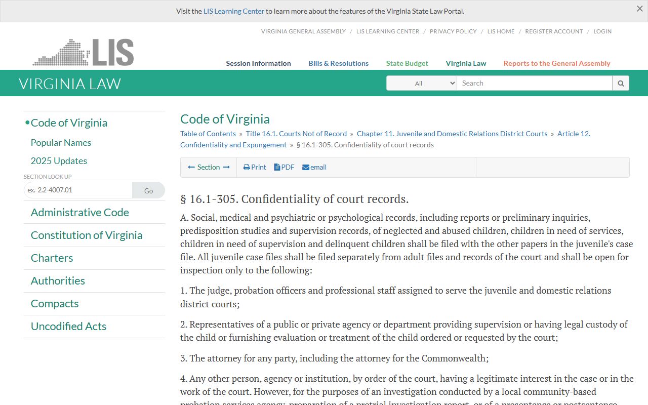 Virginia juvenile court record confidentiality statute for Chesterfield County