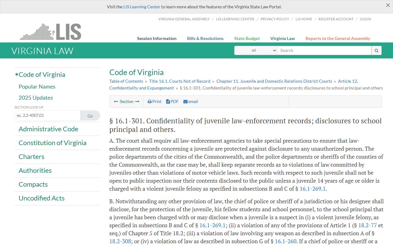 Virginia juvenile law-enforcement record confidentiality statute for Chesterfield County