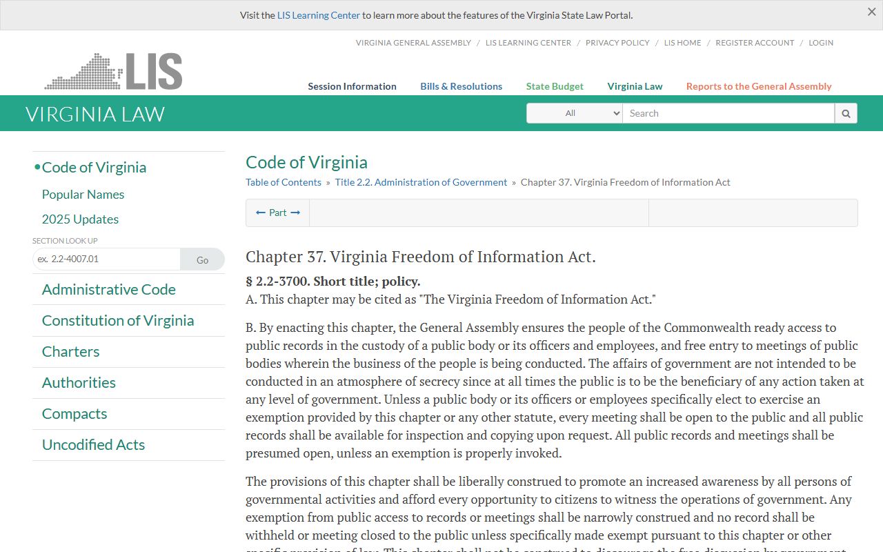 Virginia Freedom of Information Act chapter for Chesterfield County public records