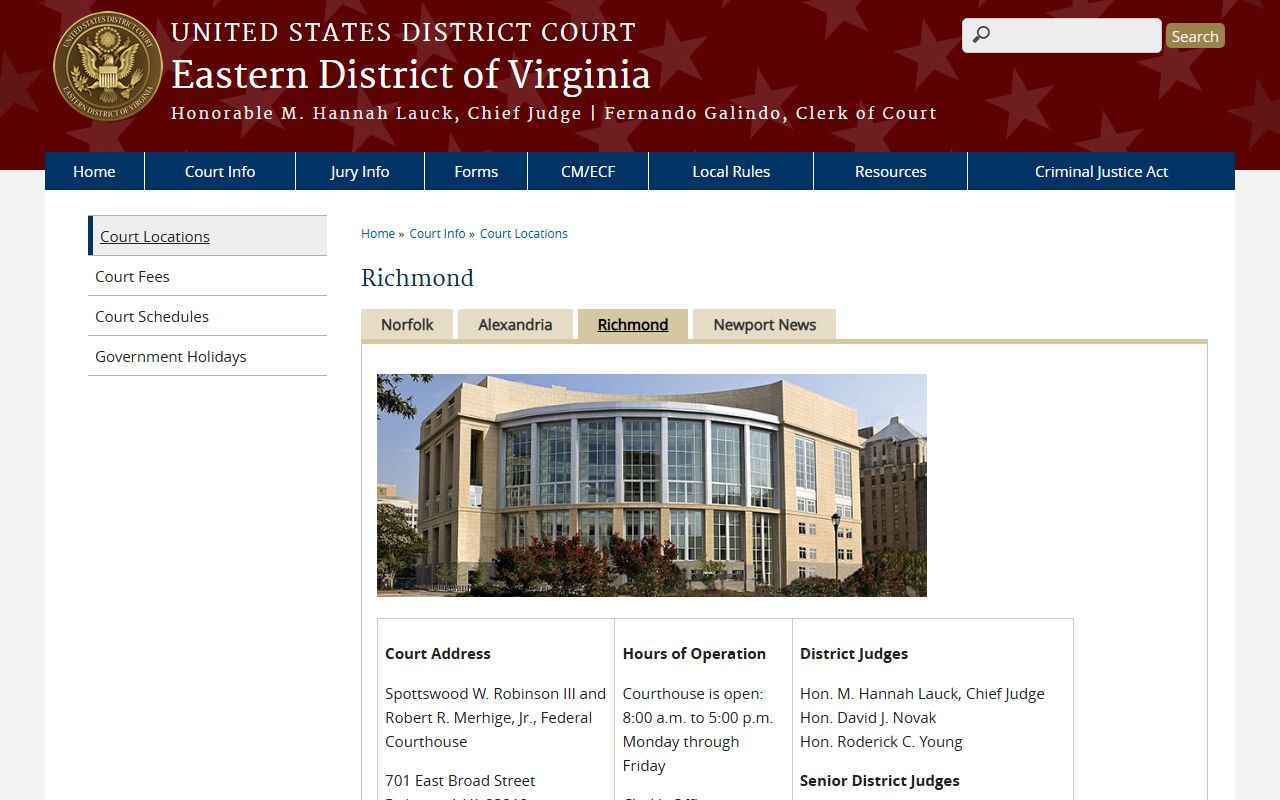 Eastern District of Virginia Richmond Division for federal matters near Chesterfield County