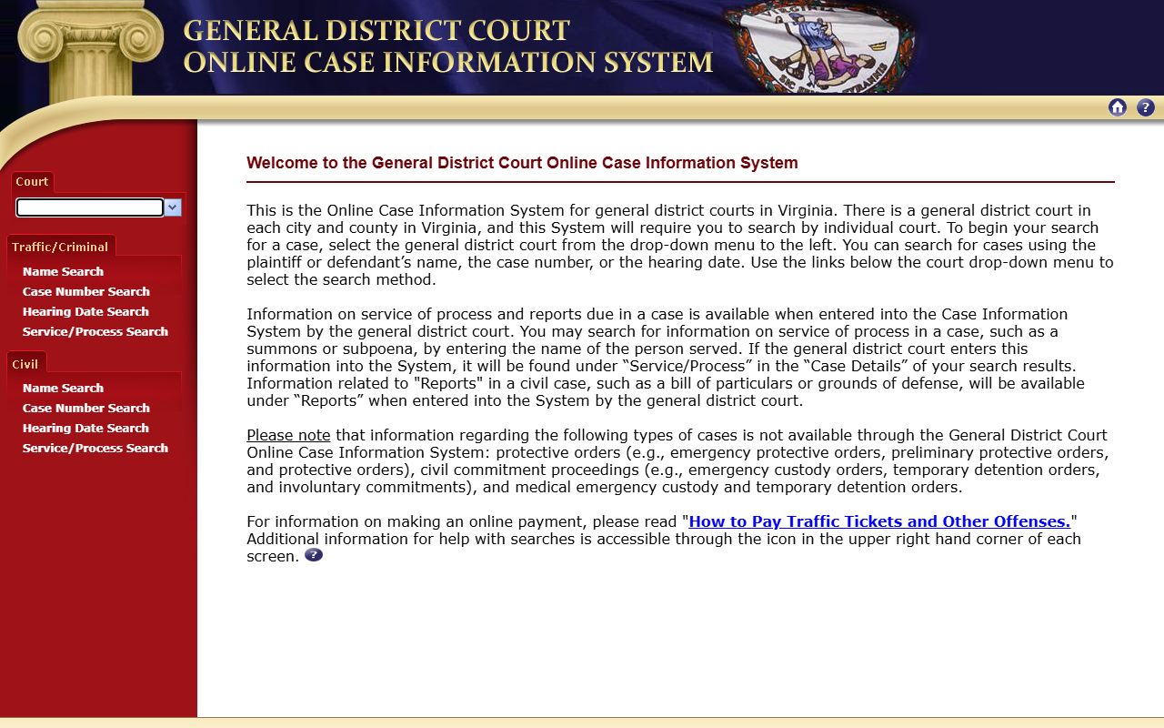 Virginia General District Court online case information for Chesterfield County traffic records