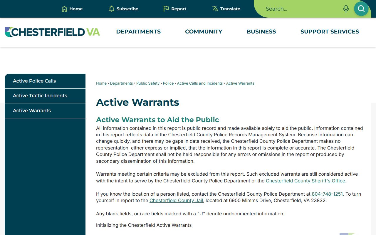 Chesterfield County active warrants search page